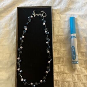 (Lia Sofia?) Delicate Pearl and Glass Bead Necklace in Dark Gray, Blue,and White